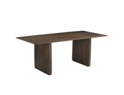 Mid-century modern boat-shaped mocha dining table with rounded edges and 6 toffee herringbone fabric upholstered chairs with dark walnut bentwood arms
